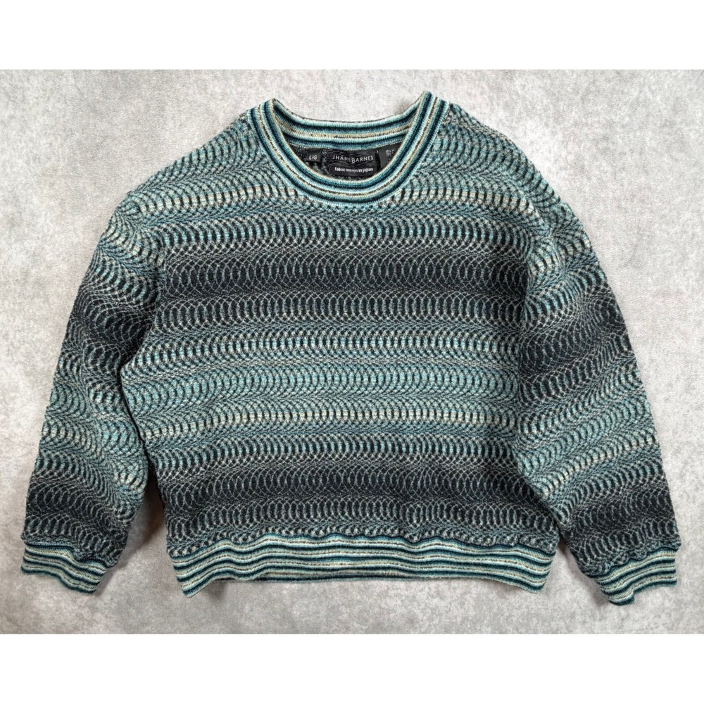 Jhane Barnes Vintage Mens Large Wool Sweater Blue Green Geometric Japan Fabric